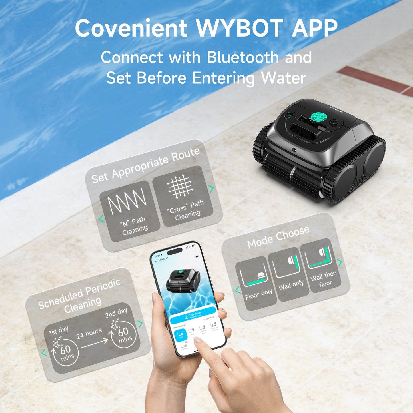 (2025 Upgrade) WYBOT C1 Pool Robot Vacuum for Inground Pools, 4-in-1 Cordless Robotic Pool Cleaner Lasts 150min, Triple-Motor up to 1,614 Sq.ft, Smart APP Support, Auto Wall & Waterline Cleaning